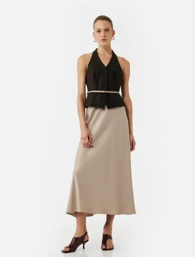 Regular Fit Midi Boy Saten Kloş Etek