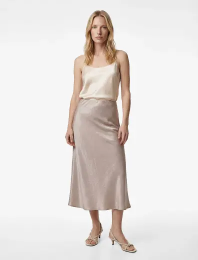 Balık Kesim Slim Fit Midi Boy Dokulu Saten Etek