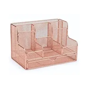 Temel Rose Gold Metal Mesh Masaüstü Organizer Çekmeceli Çok Bölmeli 25x17x16 Cm 9527r