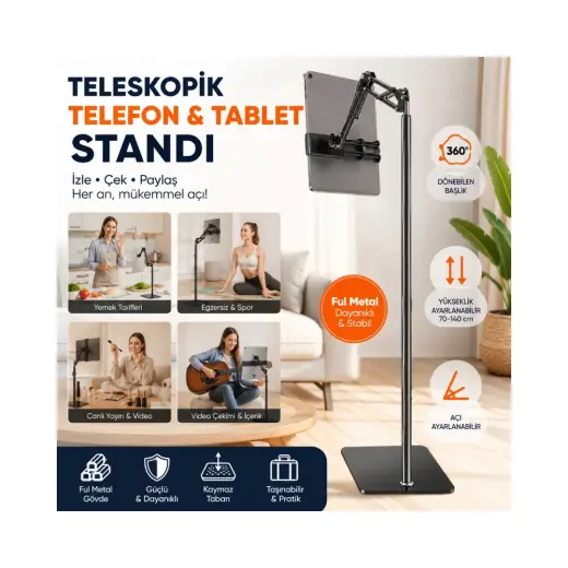 Polham Ful Metal Teleskopik Açı ve Yükseklik Ayarlı Telefon ve Tablet Tutucu Stand, Video Izlemek Çekmek Için Stand