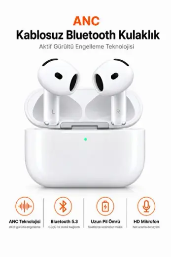 ANC Aktif Gürültü Engellemeli Premium Tipi Kablosuz Bluetooth Kulaklık, Bluetooth 5.3, HD Mikrofon, Dokunmatik Kontrol, 300 mAh Şarj Kutusu, Kadın Erkek Uyumlu Beyaz TWS Kulaklık