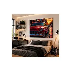 Mgi Design Klasik Kırmızı Amerikan Araba Kanvas Tablo Otomobil Ve Vintage Şehir Manzarası Duvar Dekorasyonu Tablo | Modern Duvar Dekoru | Salon, Yatak Odası Ve Ofis İçin | Sanatsal Ev Dekorasyonu 50x70 cm