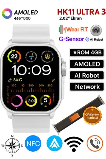 HK11 Ultra 3 Orjinal AI Robot AMOLED GPS NFC 4 GB ChatGPT Yerel Albüm Pusula Yerçekimi Algılama