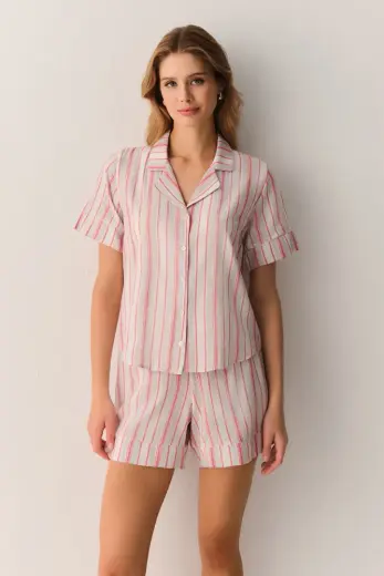 Pembe Çizgili Loren Gömlek Yaka Şort Pijama Takımı