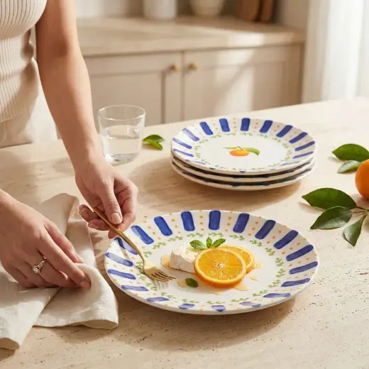 GÜRAL PORSELEN Kayısı Desenli 25 cm 4lü Porselen Düz Yemek Tabağı Seti