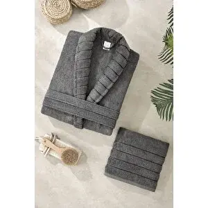 Mira Home Soft Elegance Banyo Tek Kişilik Bornoz Takımı %100 Pamuklu Antrasit-l-xl L/XL