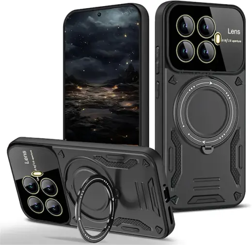 Xiaomi Mi 15t Pro Kılıf Magsafe Dönebilen Halkalı Standlı Gold Detaylı Kamera Lensli Korumalı Military Tank Kapak Siyah
