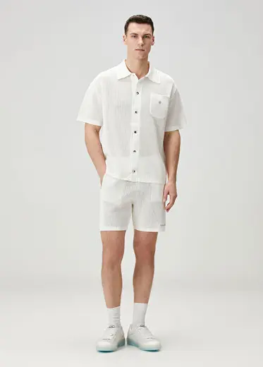 Mesh Beyaz Beli Kordonlu Bermuda