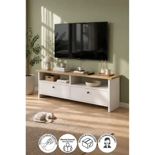 Bofigo Santorini 2 Kapaklı 2 Raflı Tv Ünitesi Safir Meşe Beyaz