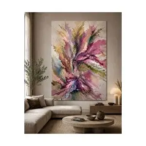 Mgi Design Modern Soyut Çiçek Kanvas Tablo – Pudra Pembe, Mürdüm Ve Altın Tonlu Lüks Dekoratif Duvar Tablosu – Çerçevesiz Yüksek Kalite Salon, Yemek Odası Ve Yatak Odası Dekorasyonu A | Modern Duvar Dekoru | Sal 50x70 cm