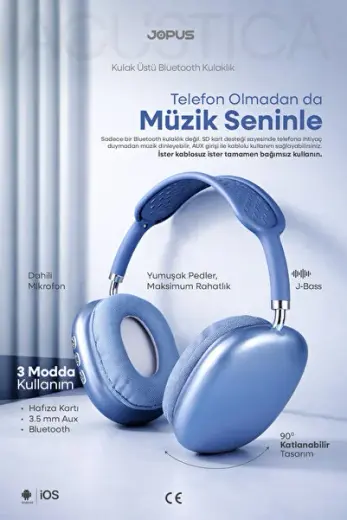 Bluetooth Kulaklık iOS Android Uyumlu Yüksek Ses Kalitesi Mikrofonlu Kulaklık Acustica Mavi