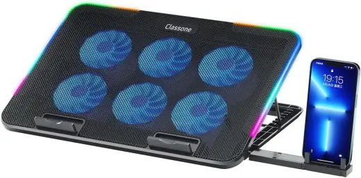 Classone Gaming M60 Laptop Soğutucu, 2500 RPM,10 RGB ışık kontrolü, 15.6-17 inch, Hız kontrolü, 6 Büyük fan,Telefon standı, 2 USB