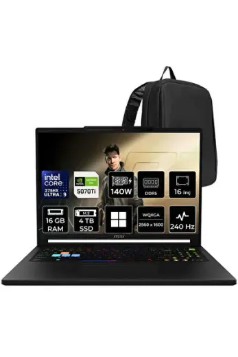 Raider 16 HX Core Ultra 9 275HX RTX 5070 Ti 12GB 140W 16GB RAM 4TB SSD 16" QHD+ 240Hz Win11 Home B2WH091TRP371 Gaming Laptop + PER4 Çanta